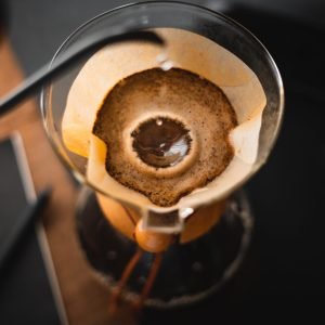 Coffee chemex pour over coffee maker and drip kettle in home office desk