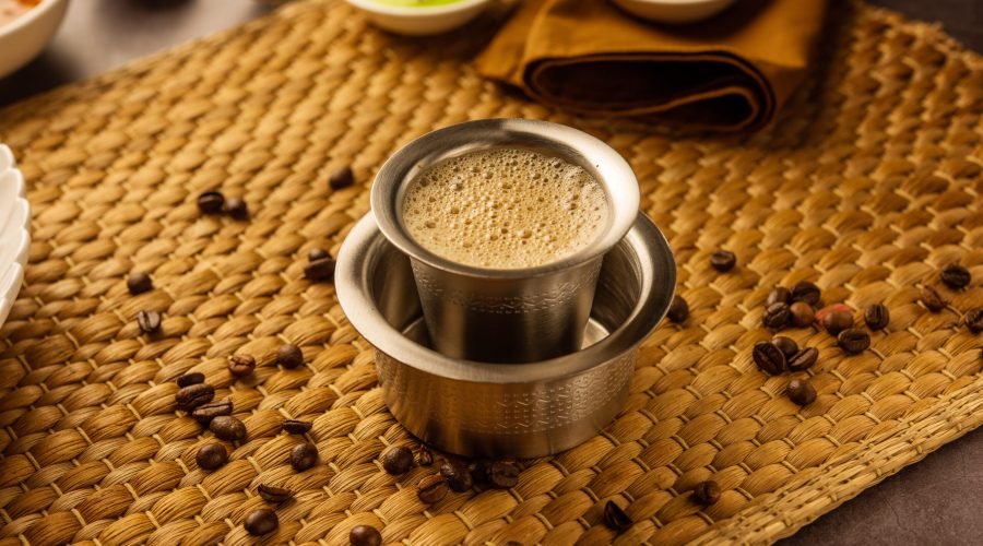 South Indian Filter coffee served in a traditional brass or stainless steel cup